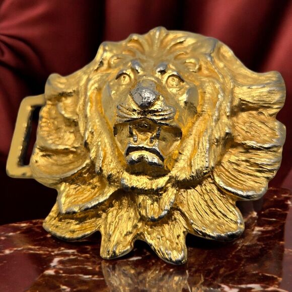 Retro Gold Tone 2-Piece Roaring Lion Head Metal Belt Buckle Vintage Collectable main image 13